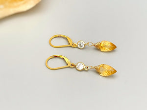 Citrine Leaf earrings dangle, 14k Gold Fill sparkling crystal Handmade jewelry for women Dangly drops November Birthstone gift for wife, mom