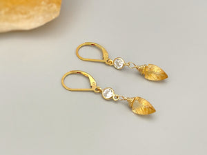 Citrine Leaf earrings dangle, 14k Gold Fill sparkling crystal Handmade jewelry for women Dangly drops November Birthstone gift for wife, mom