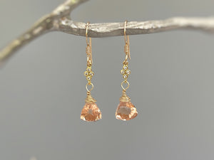 Morganite Earrings dangle gold pink, peach, champagne quartz