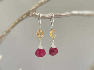Ruby and Citrine earrings dangle, Sterling Silver