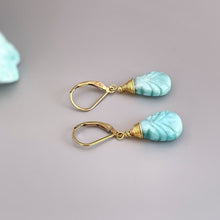 Load image into Gallery viewer, Larimar Earrings dangle, 14k gold Fill, sterling silver leaf drop earrings boho beach Earrings beachy blue gemstone jewelry for women