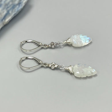Crystal Moonstone earrings dangle, Sterling Silver dangly leaf boho handmade blue crystal jewelry for women, bridesmaids gift for wife