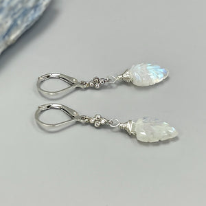 Crystal Moonstone earrings dangle, Sterling Silver dangly leaf boho handmade blue crystal jewelry for women, bridesmaids gift for wife