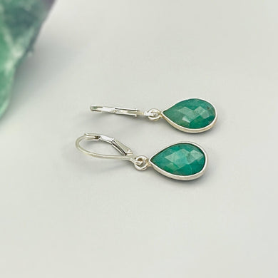 Emerald Earrings Dangle teardrop shaped Handmade Sterling Silver raw gemstone jewelry for women Dangling drop earrings Dainty May Birthstone