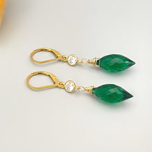 Load image into Gallery viewer, Emerald Green earrings dangle, gold May Birthstone Leverback sparkling crystal Quartz 14k Gold Fill Handmade jewelry for women Dangly drops