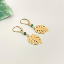 Load image into Gallery viewer, Monstera Leaf Emerald earrings dangle, gold leafy dangly drop boho handmade earrings, emerald jewelry bridesmaid, gardener gift for wife