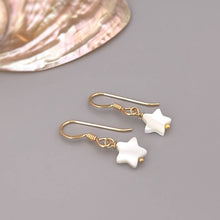 Load image into Gallery viewer, Dainty Mother of Pearl Star Earrings dangle, drop handmade minimalist pearl jewelry 14k Gold, Silver, Summer Jewelry iridescent beachy shell