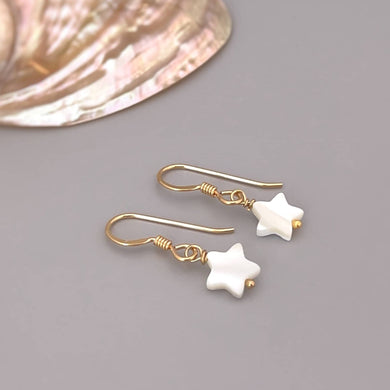 Dainty Mother of Pearl Star Earrings dangle, drop handmade minimalist pearl jewelry 14k Gold, Silver, Summer Jewelry iridescent beachy shell