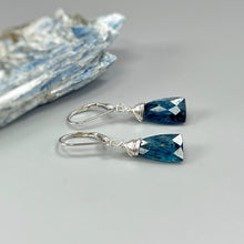 Load image into Gallery viewer, Moss Kyanite Earrings Dangle drop Sterling Silver, Solid 14k Gold, Gold fill Teal Moss Kyanite dangly earrings Handmade crystal Jewelry Leverback