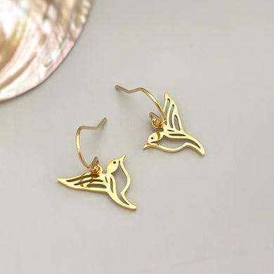 Bird Earrings dangle Gold, Silver, Hummingbird Jewelry Handmade 14 gold fill unique gifts for mom, bird lover dangly Artisan leverbacks