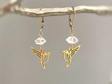 Load image into Gallery viewer, Bird Earrings dangle silver Herkimer Diamond hummingbird Jewelry dangly drop boho unique handmade raw crystal gifts for mom, bird lover, her