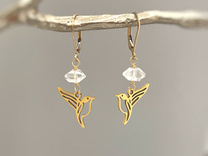 Bird Earrings dangle gold Herkimer Diamond hummingbirds Unique Jewelry dangly drop boho handmade raw crystal gifts for mom, bird lover, wife