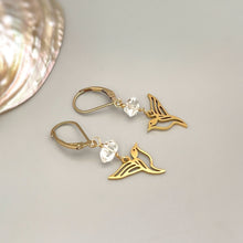 Load image into Gallery viewer, Bird Earrings dangle gold Herkimer Diamond hummingbirds Unique Jewelry dangly drop boho handmade raw crystal gifts for mom, bird lover, wife