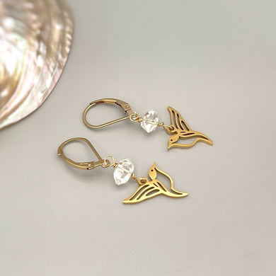 Bird Earrings dangle gold Herkimer Diamond hummingbirds Unique Jewelry dangly drop boho handmade raw crystal gifts for mom, bird lover, wife