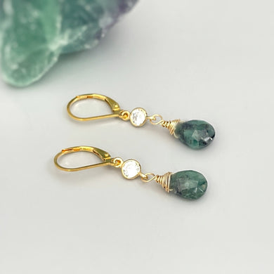 Dainty Emerald earrings dangle, 14k Gold crystal silver dangly tear drop boho handmade green gemstone jewelry for women, May Birthstone