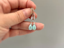 Load image into Gallery viewer, Larimar earrings dangle Sterling Silver, Rose Gold, 14k Gold, dainty dangly boho blue crystal jewelry for women, unique gift for wife