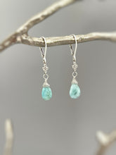Load image into Gallery viewer, Larimar earrings dangle Sterling Silver, Rose Gold, 14k Gold, dainty dangly boho blue crystal jewelry for women, unique gift for wife