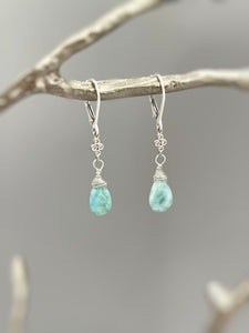 Larimar earrings dangle Sterling Silver, Rose Gold, 14k Gold, dainty dangly boho blue crystal jewelry for women, unique gift for wife