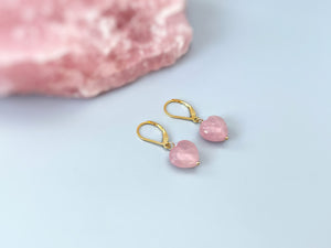 Pink Rose Quartz Heart Earrings Dangle