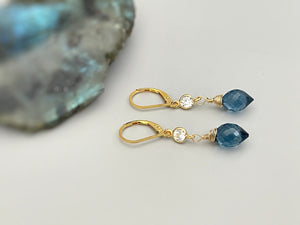 Crystal London Blue Topaz Quartz earrings dangle, drop gold