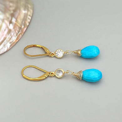 Turquoise earrings dangle, 14k Gold fill dangly tear drop crystal boho handmade blue gemstone jewelry for women, bridesmaids gift for wife