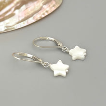 Load image into Gallery viewer, Dainty Mother of Pearl Star Earrings dangle, drop handmade minimalist pearl jewelry 14k Gold, Silver, Summer Jewelry iridescent beachy shell