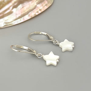 Dainty Mother of Pearl Star Earrings dangle, drop handmade minimalist pearl jewelry 14k Gold, Silver, Summer Jewelry iridescent beachy shell