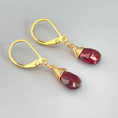 Garnet Earrings 14k Gold fill, Sterling Silver Leverback Dangling Teardrop Red Gemstone Dangle Earrings Everyday Handmade Jewelry for women