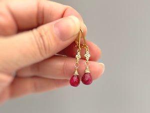 Ruby earrings dangle 14k Fill Gold, crystal