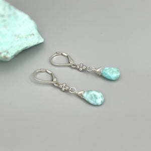Larimar earrings dangle Sterling Silver, Rose Gold, 14k Gold, dainty dangly boho blue crystal jewelry for women, unique gift for wife