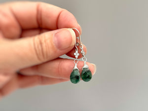 Dainty Emerald earrings dangle, Sterling Silver, Gold crystal dangly tear drop boho handmade green gemstone jewelry for women May Birthstone