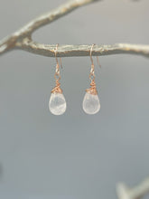 Load image into Gallery viewer, Rose Quartz Earrings Dangle Rose Gold, Sterling Silver Dangling smooth teardrop soft pink gemstone Handmade January birthstone jewelry gift