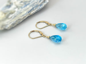 Swiss Blue Topaz earrings dangle, solid 14k Gold, silver, rose gold