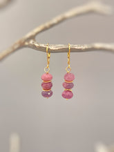 Load image into Gallery viewer, Dainty handmade genuine Pink Sapphire dangle earrings in blush pink Rose Gold Fill. Lightweight earrings for women. Facetted Pink Sapphire gemstone rondelles hang from your choice of Sterling Silver, 14k gold Fill, or Rose Gold Fill French hook ear wires or leverbacks