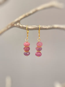 Dainty handmade genuine Pink Sapphire dangle earrings in blush pink Rose Gold Fill. Lightweight earrings for women. Facetted Pink Sapphire gemstone rondelles hang from your choice of Sterling Silver, 14k gold Fill, or Rose Gold Fill French hook ear wires or leverbacks