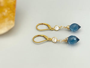 Crystal London Blue Topaz Quartz earrings dangle, drop gold