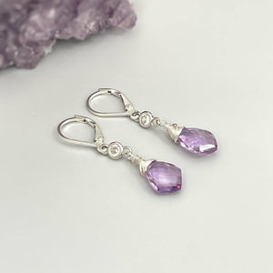Pink Amethyst earrings dangle, Sterling Silver, Gold crystal dangly boho handmade purple gemstone jewelry for women February Birthstone