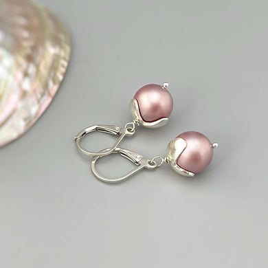 Petal Pearl Earrings Dangle Sterling Silver Leverback Pink Drop dangly earrings unique handmade gift for wife, bridesmaids, bridal jewelry
