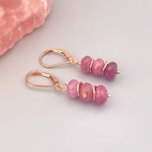 Load image into Gallery viewer, Dainty handmade genuine Pink Sapphire dangle earrings in blush pink Rose Gold Fill. Lightweight earrings for women. Facetted Pink Sapphire gemstone rondelles hang from your choice of Sterling Silver, 14k gold Fill, or Rose Gold Fill French hook ear wires or leverbacks