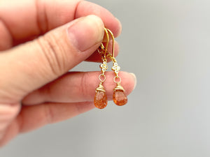 Oregon Sunstone Earrings Gold, sterling silver, 14k dainty lightweight dangle tear drop earrings handmade orange gemstone gift for wife