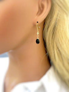 Dainty Black Onyx earrings dangle, Sterling Silver, Gold crystal dangly tear drop handmade boho gemstone jewelry for women July Birthstone