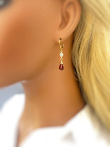 Dainty Garnet Earrings dangle, 14k Gold Dangly red gemstone crystal 14k unique Handmade January Birthstone Jewelry for women gift for mom