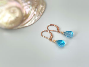 Swiss Blue Topaz earrings dangle, solid 14k Gold, silver, rose gold