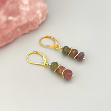 Tourmaline Earrings dangle, 14k gold boho dangly, drop pink and green gemstone lightweight everyday jewelry for women Birthstone for mom