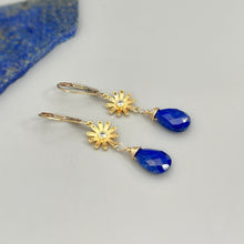 Load image into Gallery viewer, Lapis Sunflower Earrings 14k Gold Dangling Teardrop Blue Gemstone Dangle Earrings Everyday Handmade Lapis Lazuli Jewelry for women