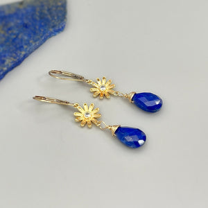 Lapis Sunflower Earrings 14k Gold Dangling Teardrop Blue Gemstone Dangle Earrings Everyday Handmade Lapis Lazuli Jewelry for women