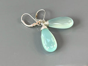 Aqua Chalcedony Earrings dangle, Long elegant spring earrings