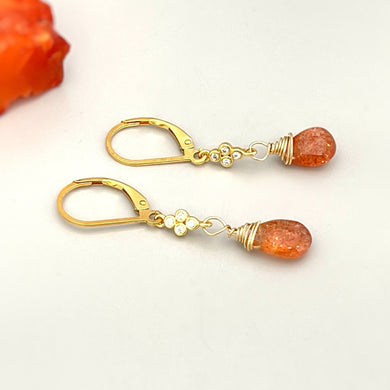 Oregon Sunstone Earrings Gold, sterling silver, 14k dainty lightweight dangle tear drop earrings handmade orange gemstone gift for wife