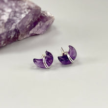 Load image into Gallery viewer, Crescent Moon Amethyst Stud Earrings in Sterling Silver
