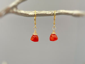 Carnelian earrings dangle 14k gold, Sterling Silver, Rose Gold Dainty, Dangly tear drop crystal Red Orange gemstone jewelry for women